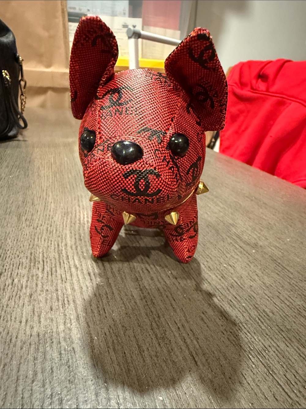 CHANEL Fashion Red Logo Fabric Dog Figurine with Gold Spike Collar